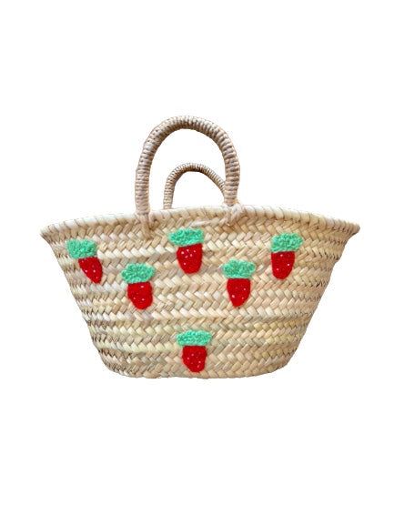 Strawberry Tote Hand embroidered strawberries on straw tote bag. 10" from handle to base, 13.5" across top, 3" handle Embroidery on 1 side only Color: Red Strawberries Material: Straw Handmade, each tote may vary slightly Imported Pineapple Sunshine Red Summer Straw Bag With Handles, Red Straw Shopping Bags, Red Straw Bag With Handles For Summer, Red Straw Tote Bag, Red Straw Tote Bag For Spring, Red Tote Straw Bag For Spring, Red Straw Bag For Summer, Red Straw Bag For Summer Market, Red Basket Beach Bag For Summer