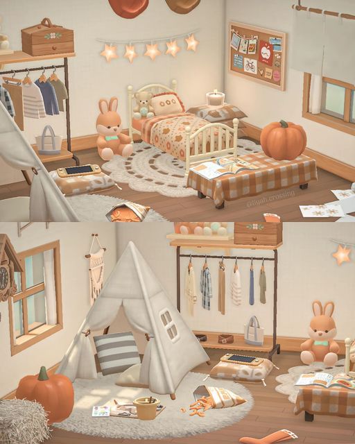 this is an image of a child's bedroom with pumpkins on the floor