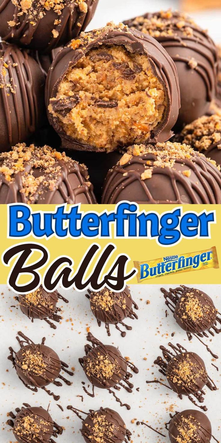 chocolate covered peanut butter balls are stacked on top of each other with the words butterfingerer balls above them