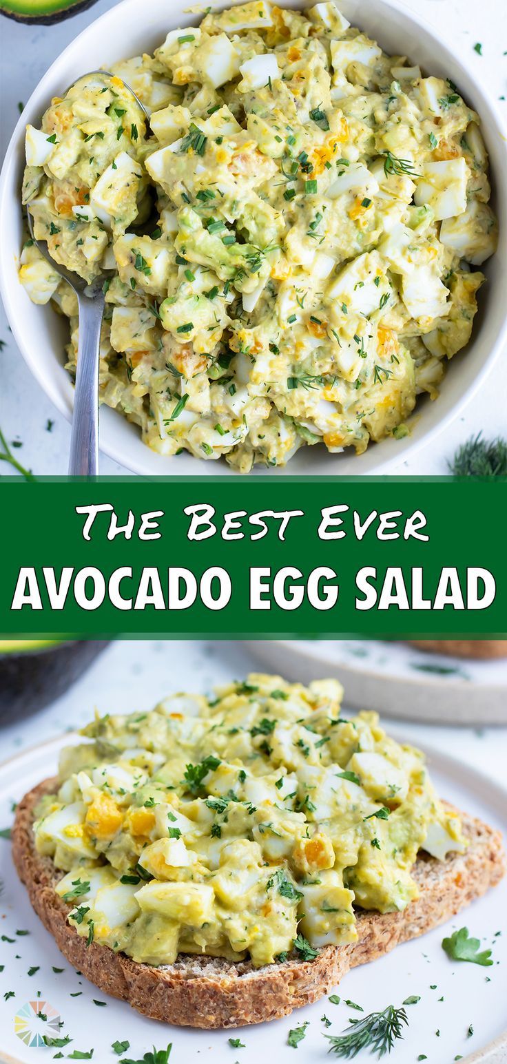 the best ever avocado egg salad on toasted bread in a white bowl