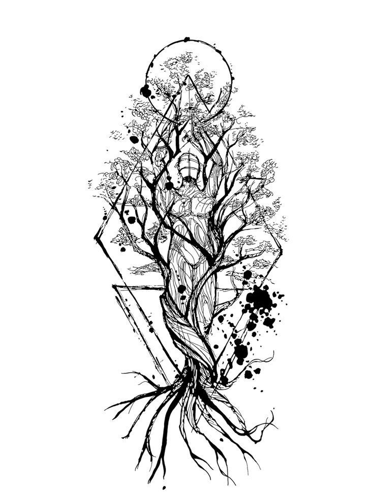 a black and white drawing of a tree