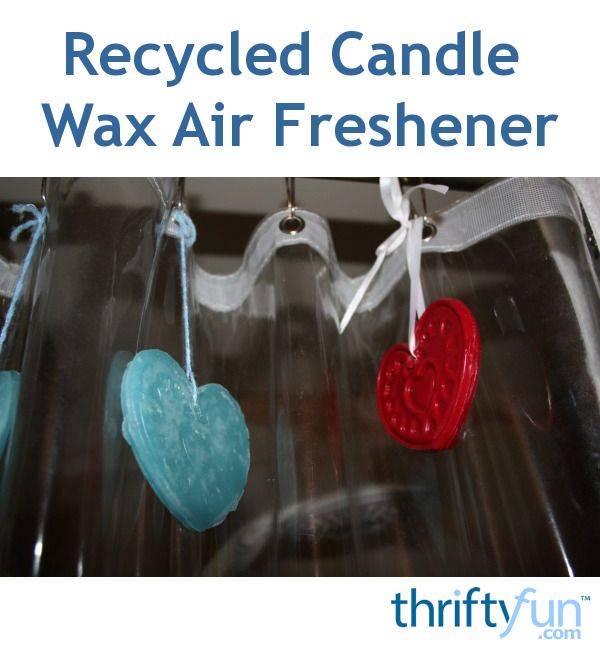 two heart shaped wax air fresheners hanging from clothes pins with text that reads recycled candle wax air freshener