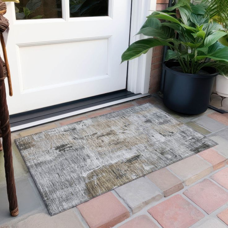 a door mat sitting next to a potted plant in front of a white door