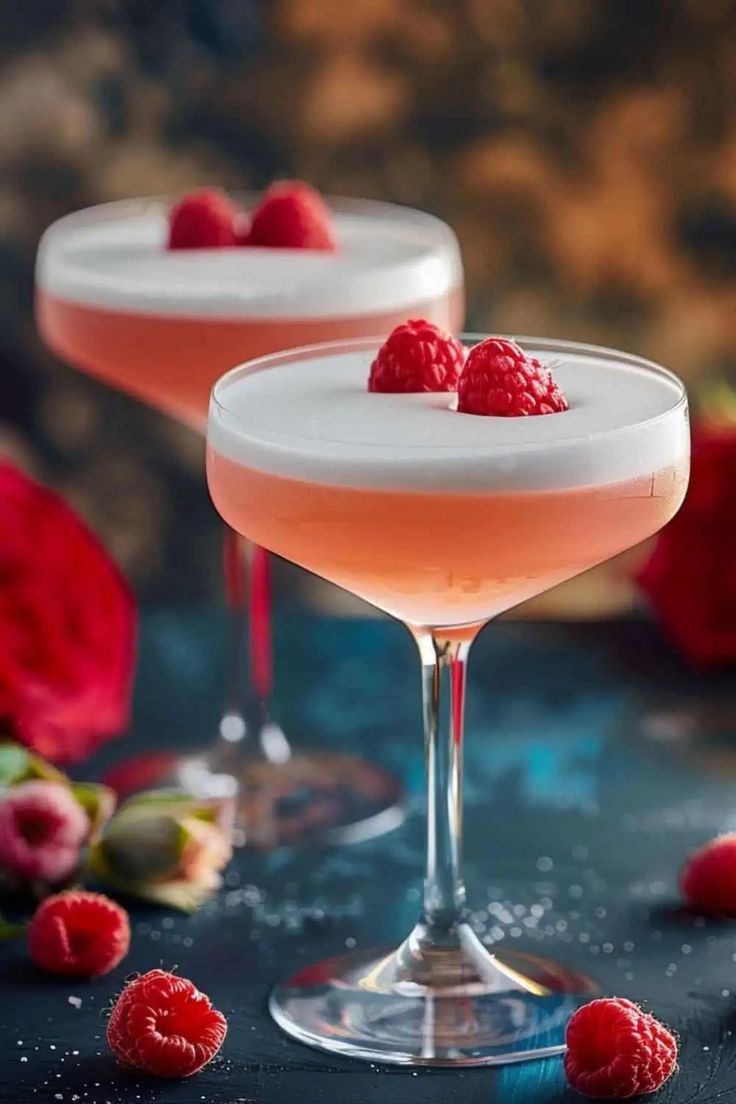 two martinis with raspberries on the rim