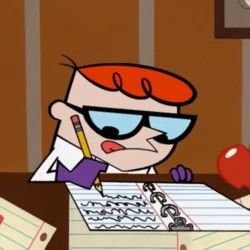 a cartoon character sitting at a desk with an apple in front of him and writing on a piece of paper