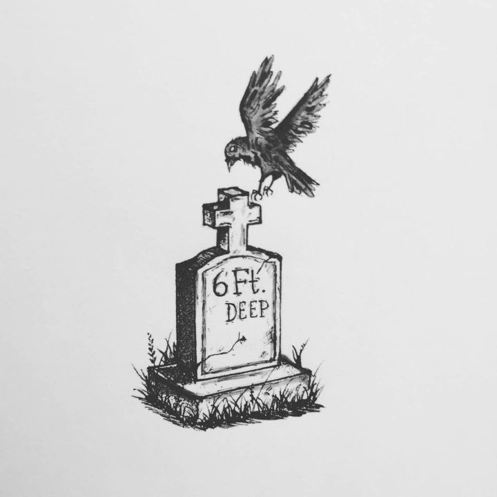 a black and white drawing of a bird flying over a gravestone with the words off deep written on it