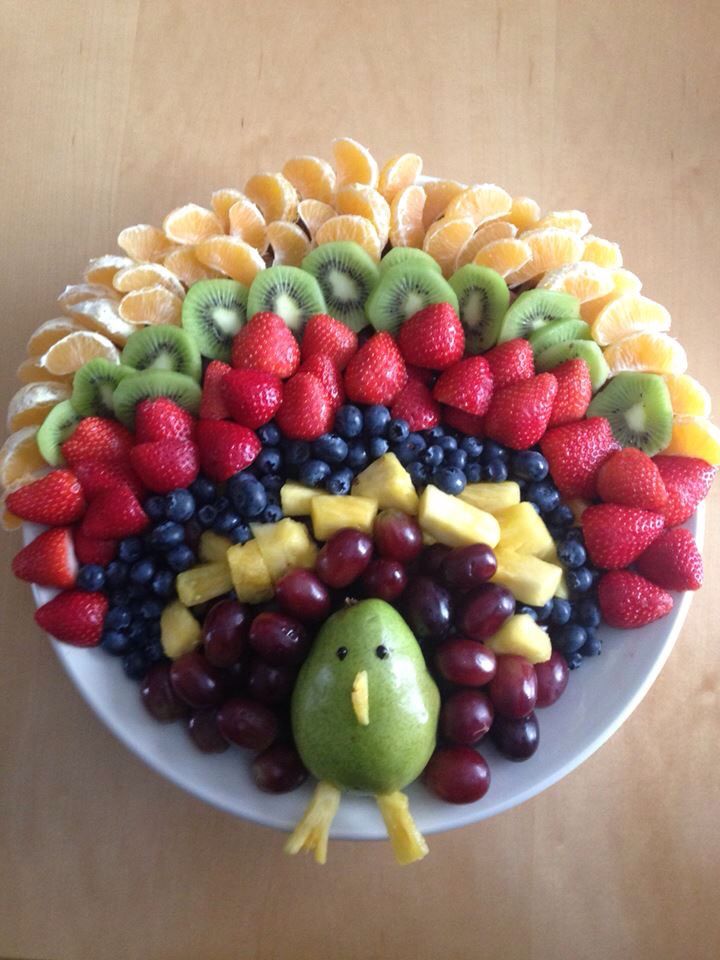 a turkey made out of fruit on a plate