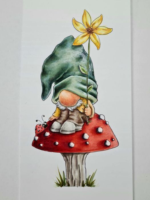 a watercolor painting of a gnome on a mushroom with a flower in his hand