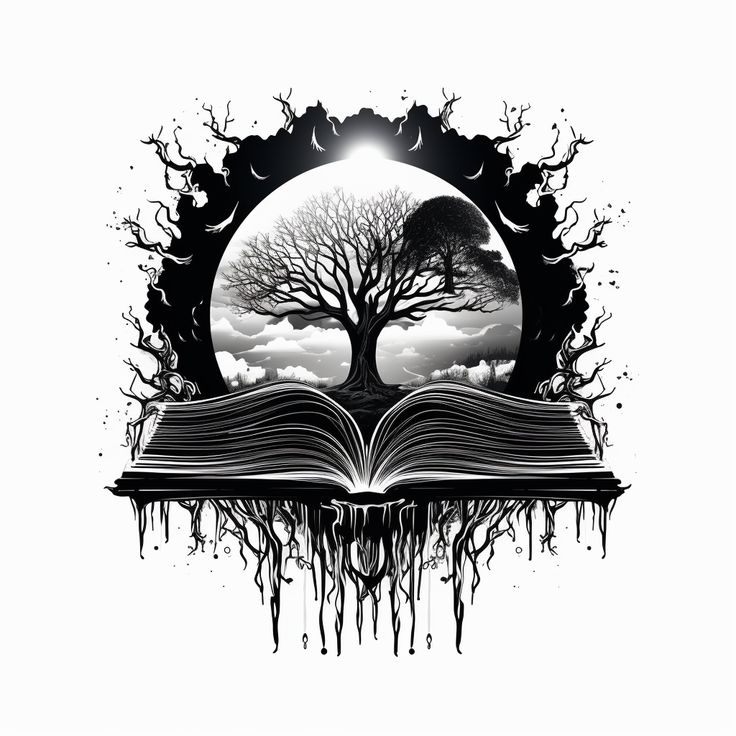 an open book sitting on top of a table with dripping pages and a tree in the middle