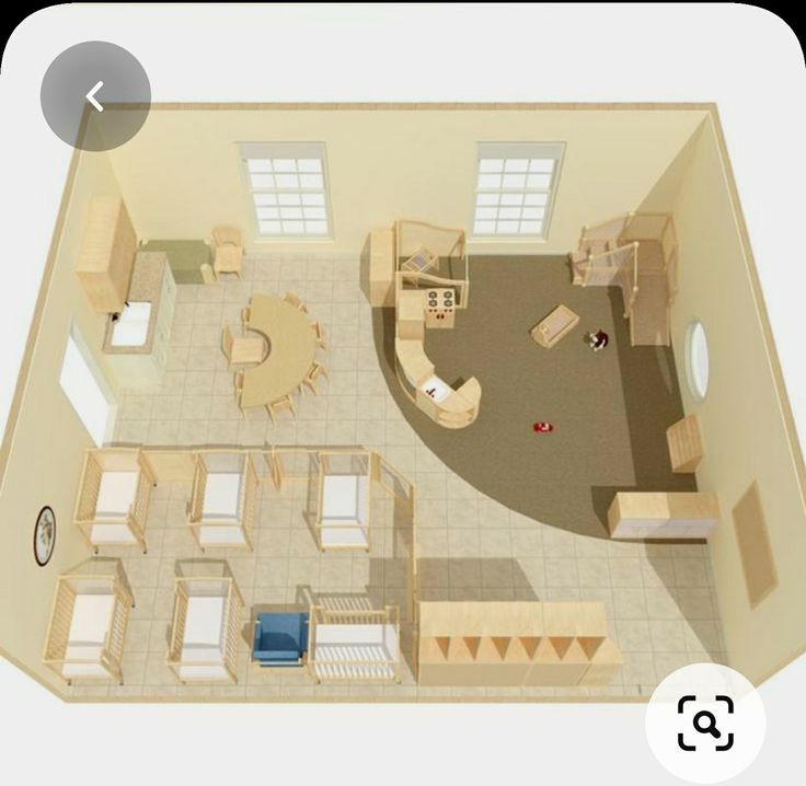 an overhead view of a living room and kitchen area in a house or office building