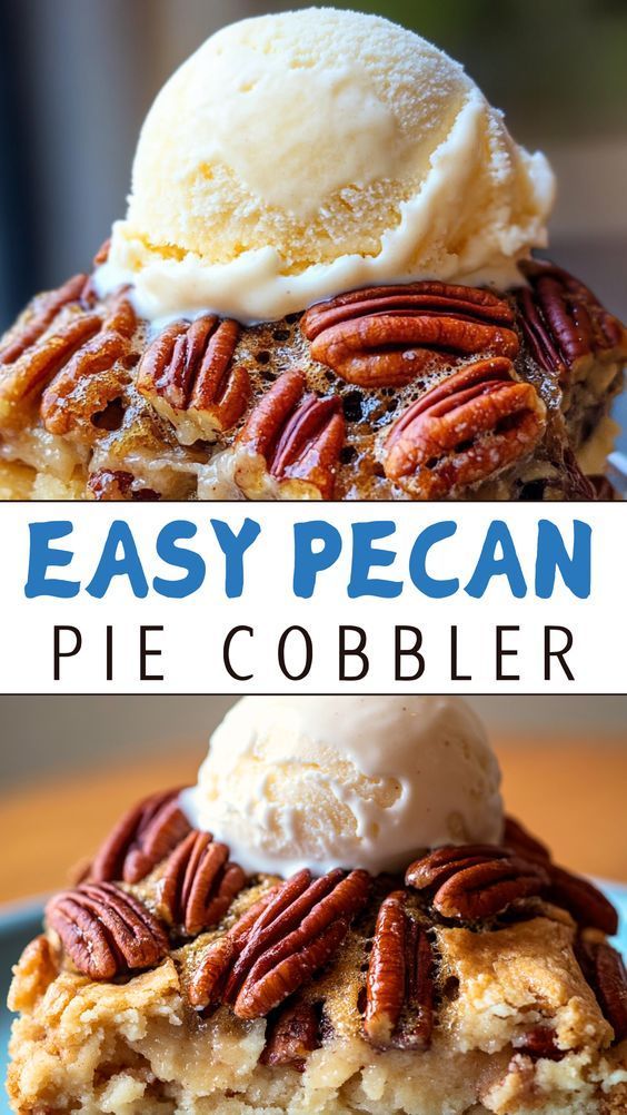 pecan pie cobbler with ice cream on top and the words easy pecan pie cobbler above it