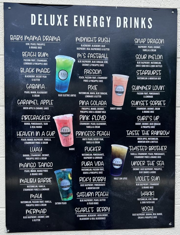 a sign showing the different drinks that are available for each individual to drink in their cups