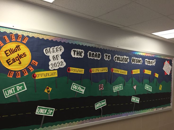 a bulletin board with many different signs on it