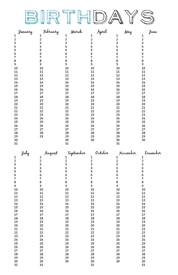 the birthday calendar is shown with numbers and times to print for each child's age