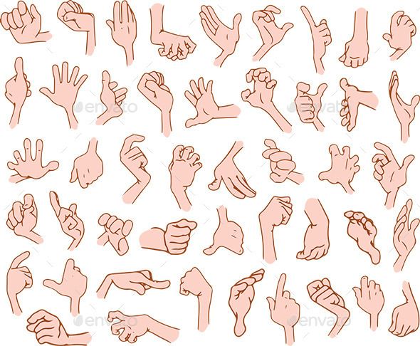 a set of hand gestures in various positions and sizes, all drawn with pink ink