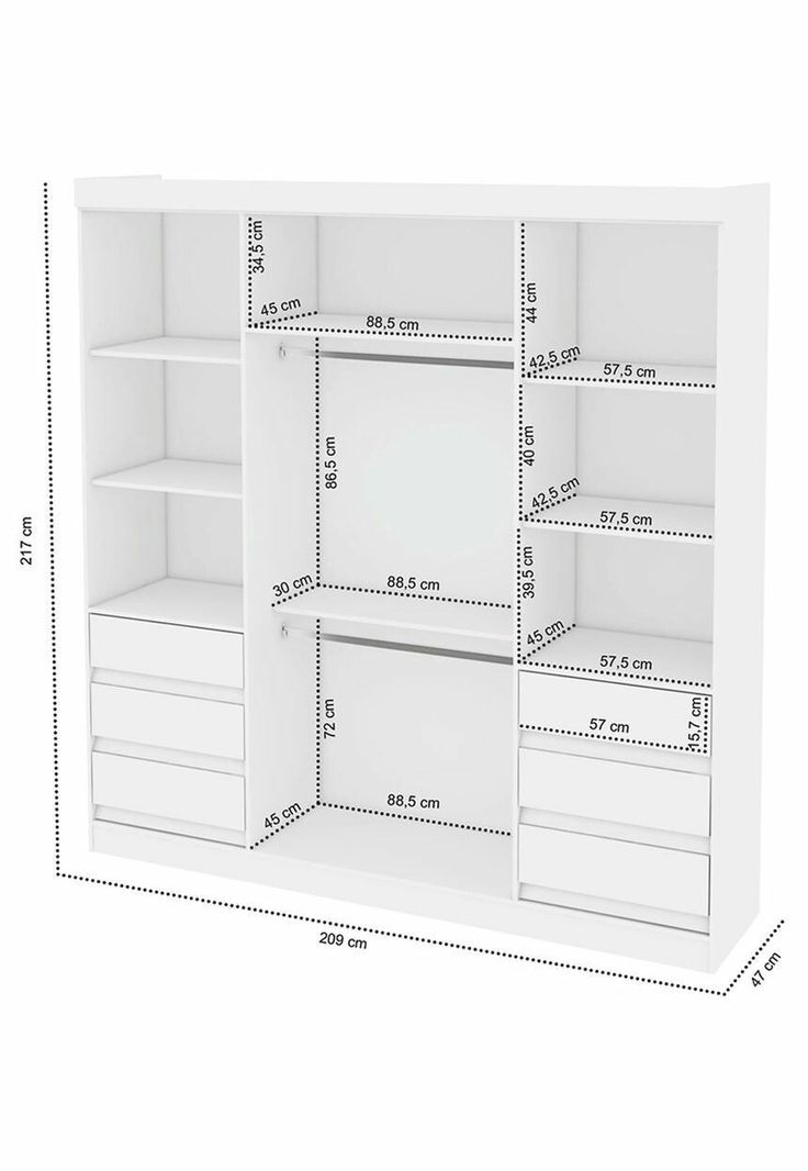 an open closet with drawers and shelves on each side, measurements are shown below the image