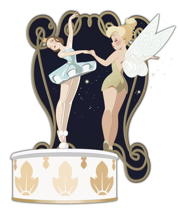 two women dressed as tinkerbells standing on top of a cake with an angel above it