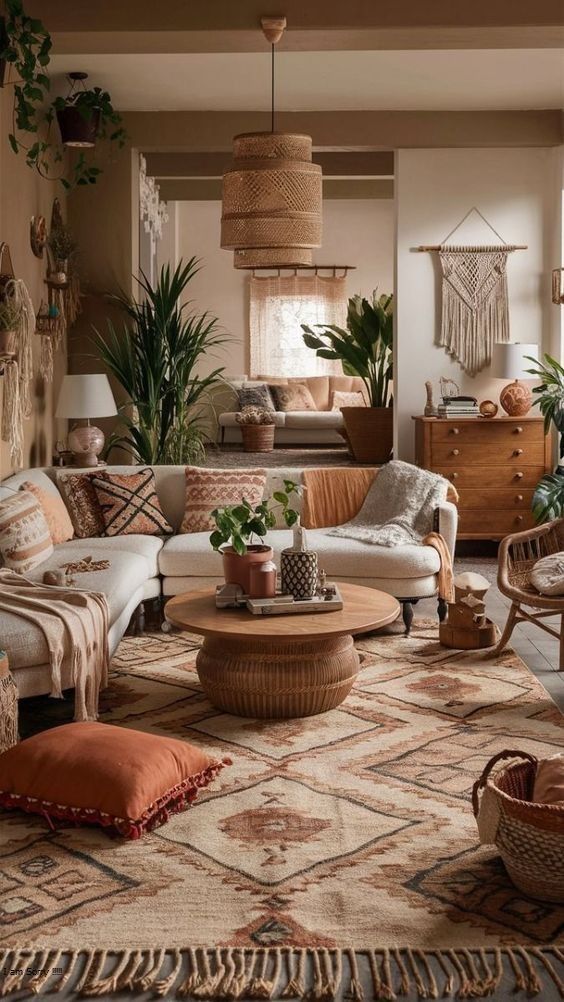 a living room filled with lots of furniture and plants on top of the rugs