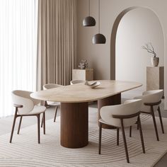 a dining room table and chairs with an arch in the middle is surrounded by white rugs