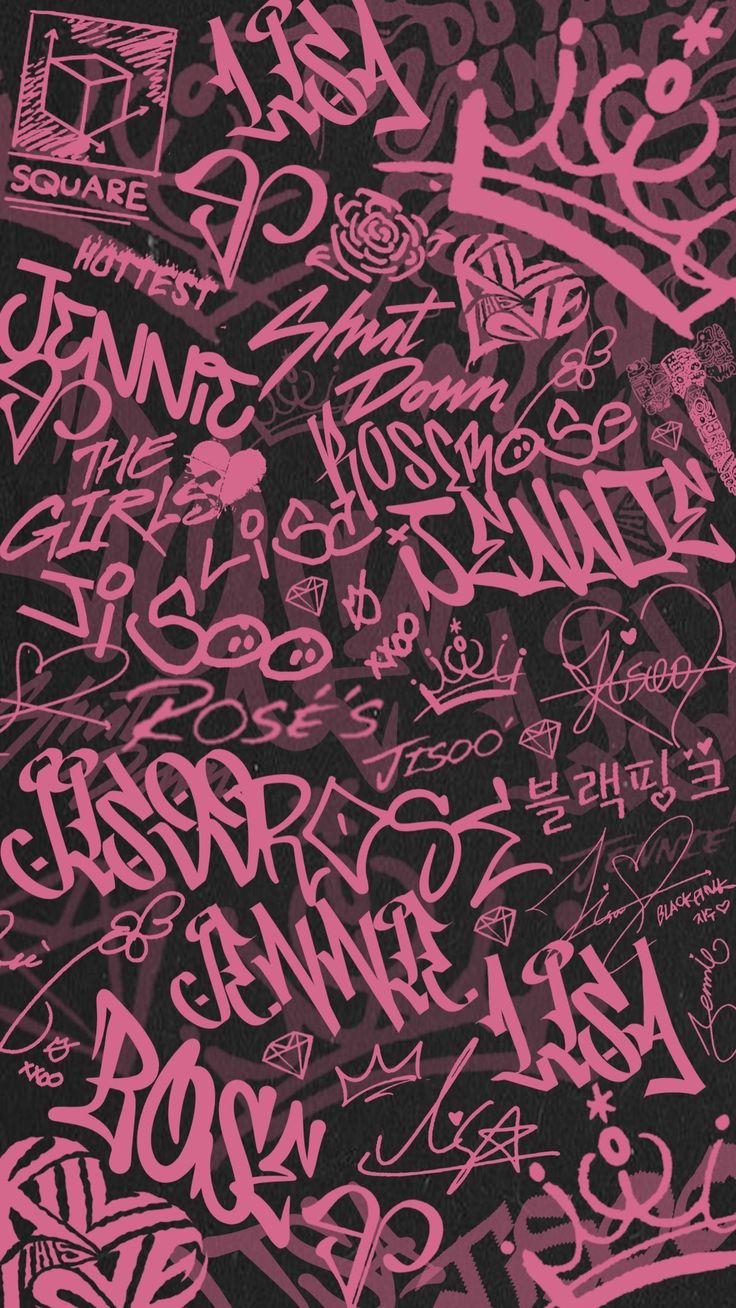 pink graffiti on black paper with white writing in the middle and letters below it that spell out love