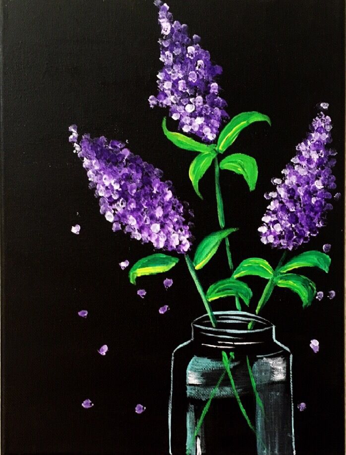 a painting of purple flowers in a mason jar