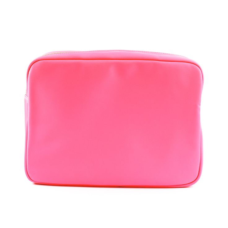 100% Nylon Hot Pink Zip at top Light weight Gold metal hardware Dimensions: 8"Hx11"Lx5"D Our large pouch is perfect to fit all your cosmetics. It is the perfect size to put in your bag for your day by day errands or to travel away in your carry on. Feel free to personalize your own :) Rectangular Zipper Pouch Travel Case, Pink Zipper Pouch Travel Accessories For Daily Use, On-the-go Laptop Sleeve Pouch Bag, Functional Storage Pouch Bag, Functional Rectangular Cosmetic Bag For Organization, Modern Rectangular Organizers With Removable Pouch, Modern Rectangular Organizer With Removable Pouch, Pink Rectangular Pouch For Storage, Pink Zipper Pouch Case For Everyday Use