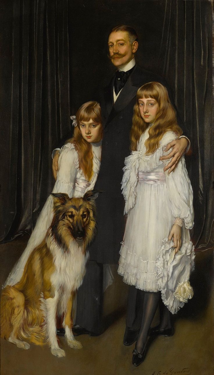 an oil painting of a man and two girls with a dog in front of them