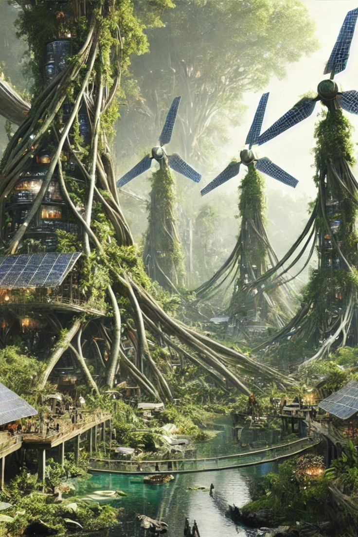 an artist's rendering of a futuristic city surrounded by trees and floating houses in the water