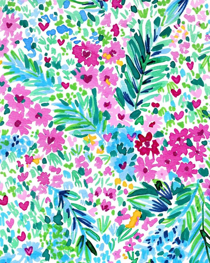 colorful floral wallpaper with hearts and leaves in pink, blue, green, purple