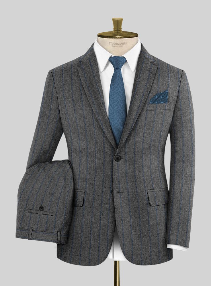 Enhance your appearance with our Loro Piana Antonella Wool Suit, showcasing a refined sense of elegance that defines your classy look. Meticulously crafted from pure wool fabric, The suit displays a polished stripe motif featuring a harmonious interplay of gray and distinguished blue hues. This amalgamation exudes an ageless charm, elevating it to the status of a true sartorial masterpiece. Whether you're attending a formal office meeting or a refined dinner event, this suit is designed to ensur