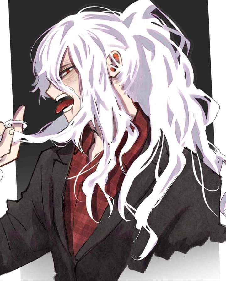 an anime character with long white hair and red eyes brushing his teeth while wearing a suit