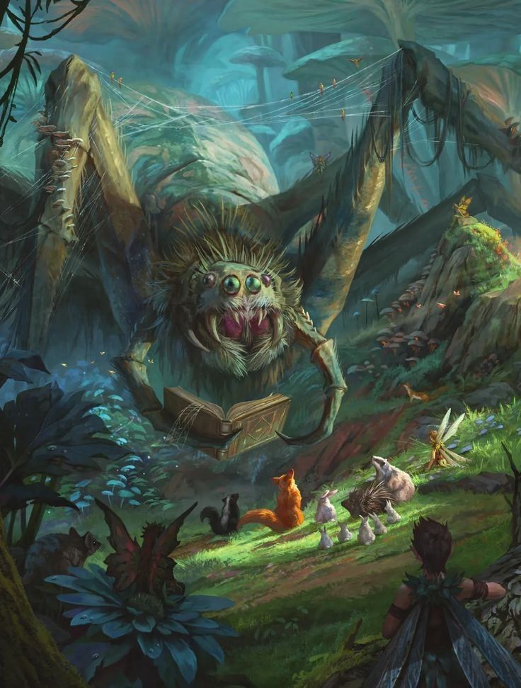 an illustration of a giant spider in the middle of a forest with other animals around it