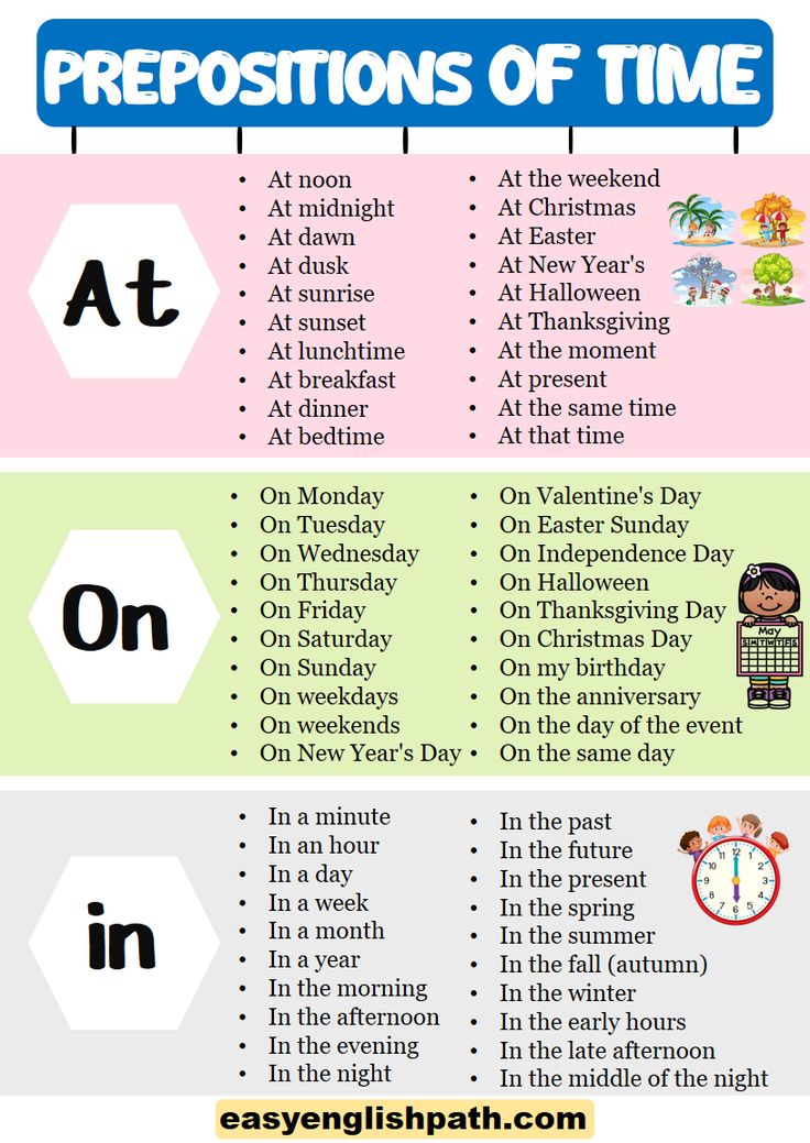 the prepositions of time for each student to use in their writing and speaking skills