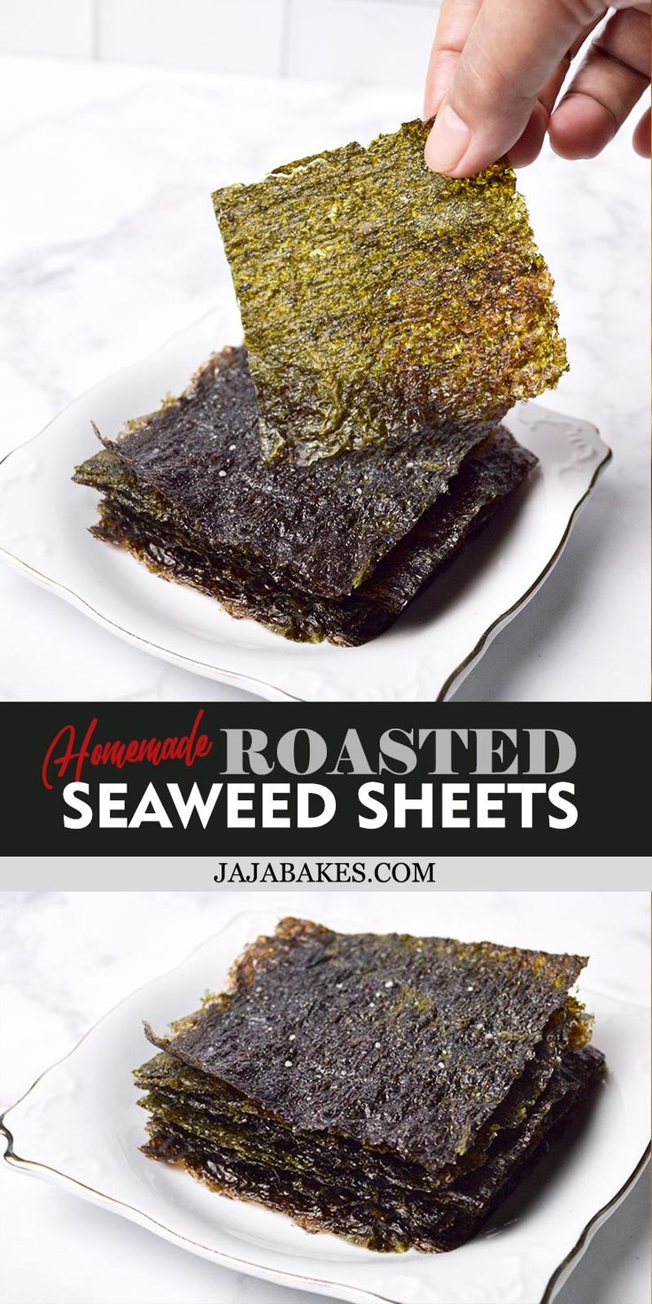 two plates with seaweed on them, one being held over the other