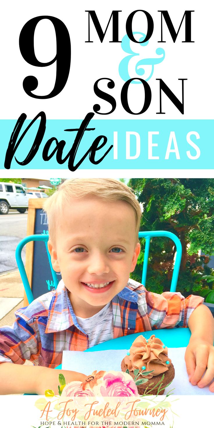 a young boy sitting at a table with cupcakes in front of him and the text, 9 mom & son date ideas