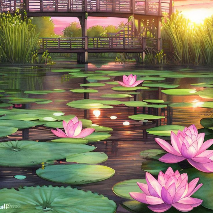 a painting of water lilies in front of a bridge and pond with lily pads