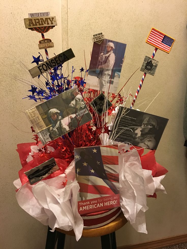 a basket filled with pictures and photos on top of a stool next to a wall