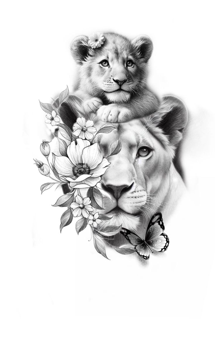 a drawing of two lions with flowers in their hair and butterflies on the back of them