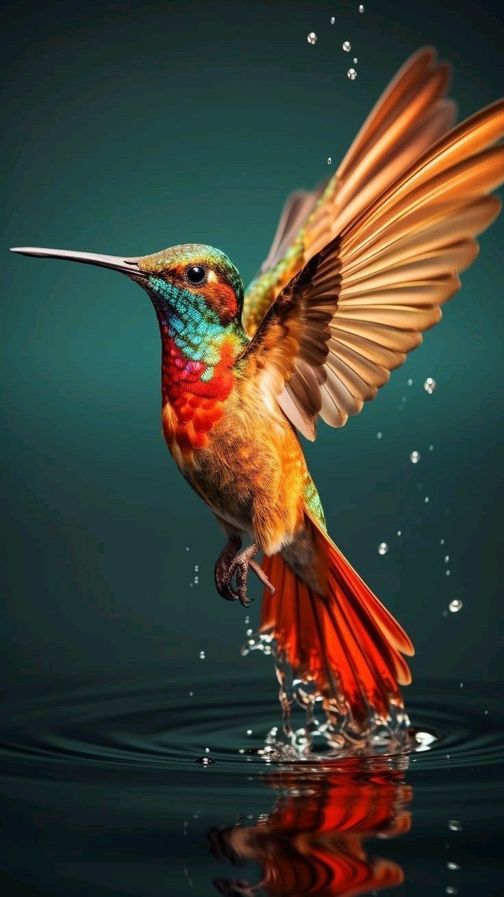 a colorful bird flying over water with its wings spread out and it's reflection in the water