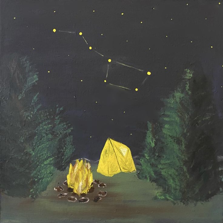 an acrylic painting of a tent in the woods at night with stars above