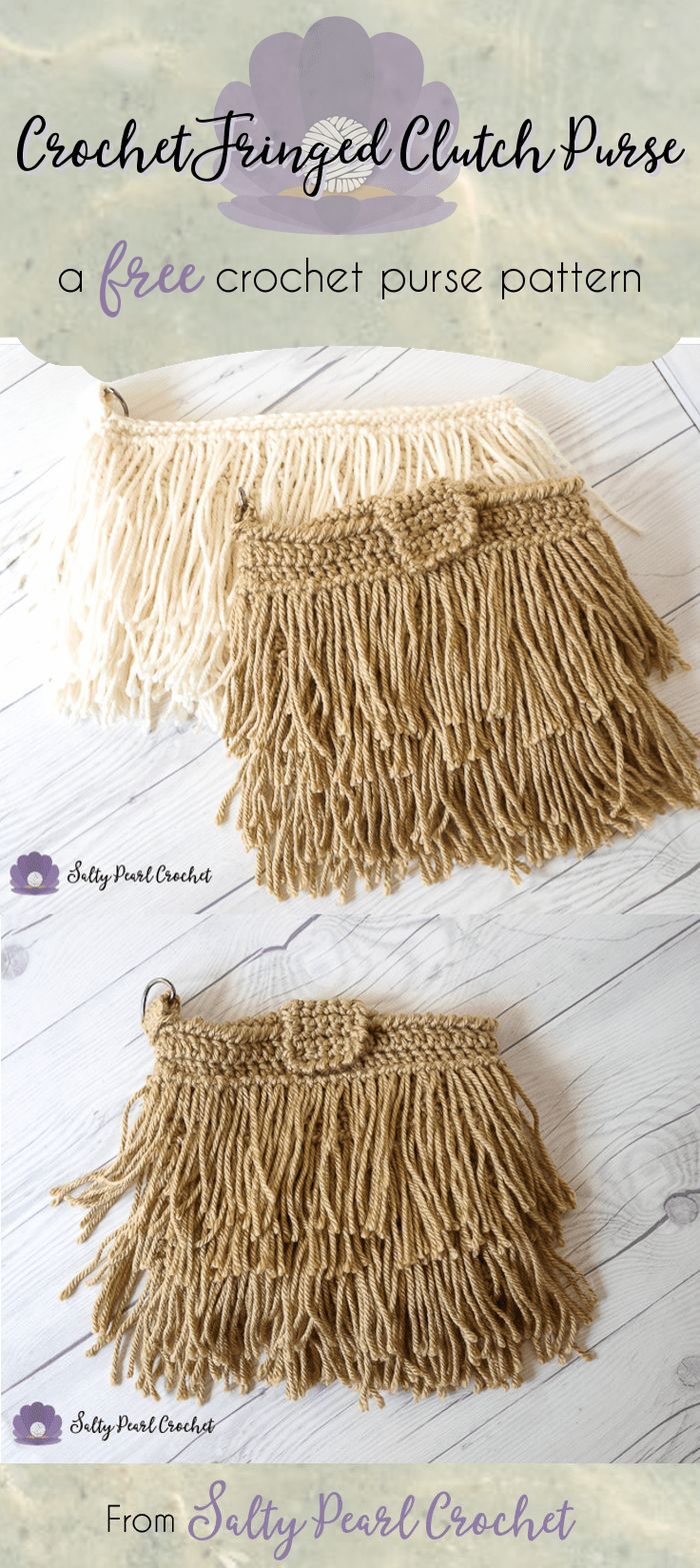 two pieces of crocheted cloth with fringes on the bottom, and an image of