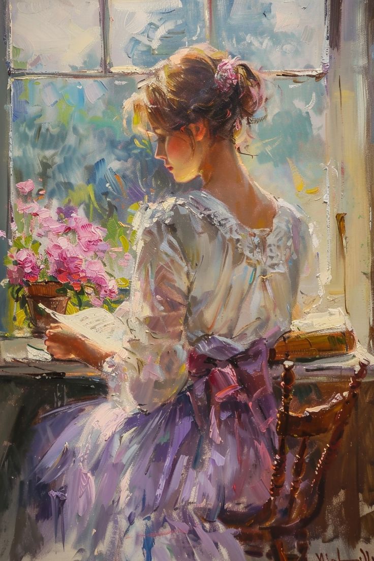 a painting of a woman sitting at a window sill with flowers in her hand