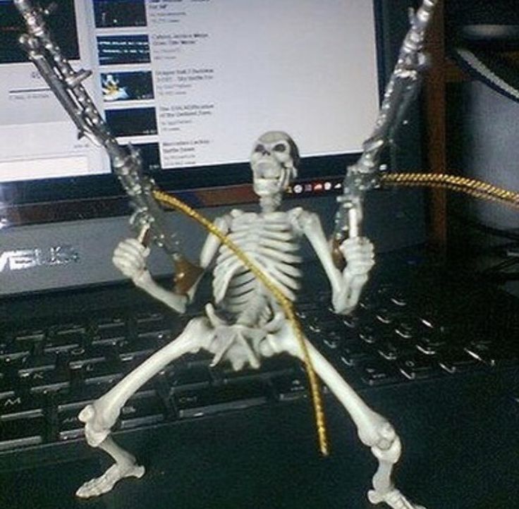 a skeleton sitting in front of a laptop computer