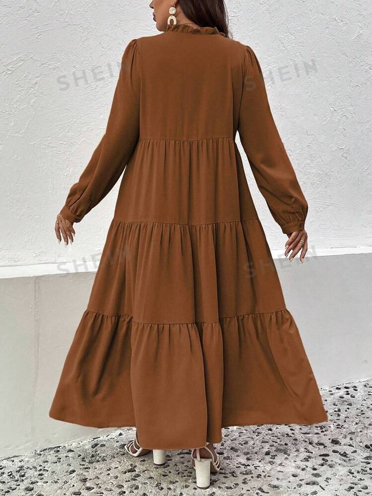 SHEIN LUNE Plus Size Women's Plain Simple Daily Long Sleeve Dress | SHEIN USA Flowy Long Sleeve Solid Color Dress, Flowy Long Sleeve Midi Dress For Fall, Modest Bishop Sleeve Dresses For Fall, Brown Long Sleeve Solid Maxi Dress, Flowy Long Sleeve Fall Dress, Brown Long Sleeve Solid Midi Dress, Brown Long Sleeve Midi Dress, Plain Long-sleeve Shift Dress, Flowy Solid Color Midi Dress For Fall