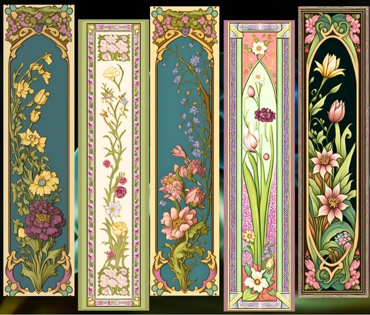 four different types of art nouveau style wallpapers with flowers and leaves on them