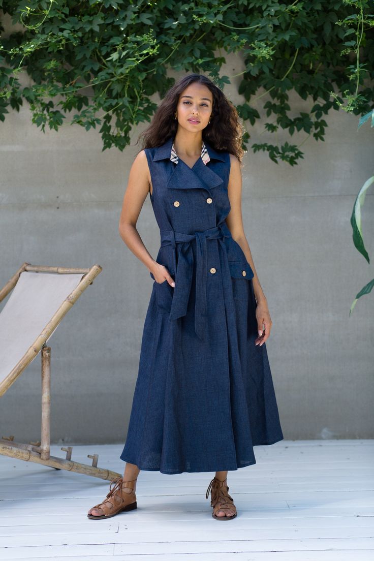 Explore more linen plain clothes https://etsy.me/31akCv3 Belted button down dress with pockets and belt crafted from 100% linen. Beautiful sleeveless sundress for vocation and days off. Tiered linen boho dress full length Description: Textile - 100%linen. Navy Length- 130 cm / 51 inch Buttons Pockets Belt Skater skirt Please feel free to ask any questions Available for any custom changes :) Welcome to the Artist's Space :) Click to see more bohemian clothing https://etsy.me/3fn9Oir Thank you for Casual Belted Dress With Buttons For Summer, Casual Summer Belted Dress With Buttons, Chic Linen Shirt Dress With Pockets, Summer Linen Belted Shirt Dress, Chic Linen Midi Dress With Buttons, Sleeveless Summer Shirt Dress With Pockets, Elegant Summer Belted Dress With Pockets, Summer Belted Dress For Day Out, Chic Linen Shirt Dress For Summer