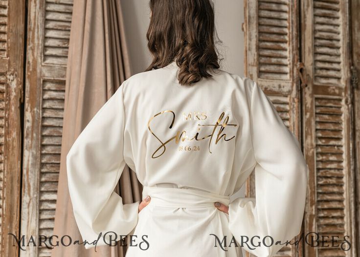 Elegant Robe For Mother Of The Bride, Elegant Long Sleeve Robe For Bridal Shower, White Long Sleeve Robe For Bridal Shower, White Long-sleeved Robe For Brides, White Long Sleeve Bride Robe, Elegant Wedding Gown With Kimono Sleeves, White Wedding Gown With Kimono Sleeves, White Kimono Sleeve Wedding Robe, Wedding Satin Robe