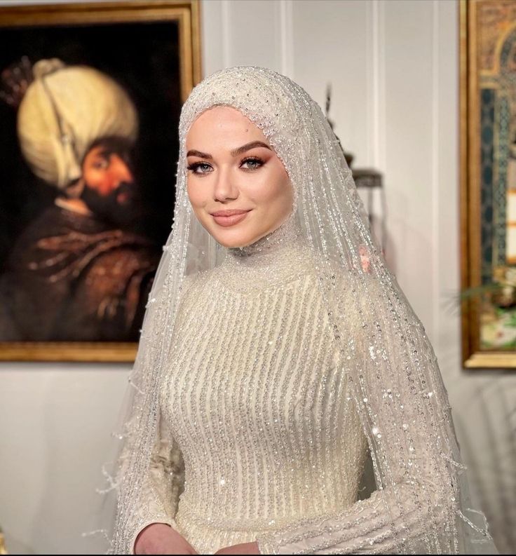 Modest white wedding dress with a beautiful embellished hijab After Wedding Party Dresses, Slim Wedding Dresses, Wedding Hijab Styles, Bridal Hijab Styles, Muslim Wedding Gown, Unusual Wedding Dresses, Wedding Dress Illustrations, Queen Wedding Dress, Asian Wedding Dress Pakistani