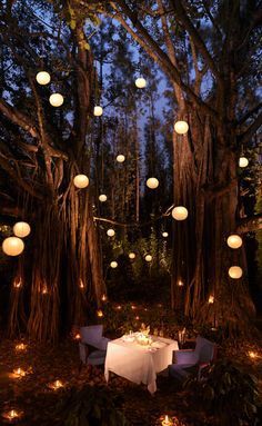 an outdoor dining area with paper lanterns hanging from the trees and lights on the ground