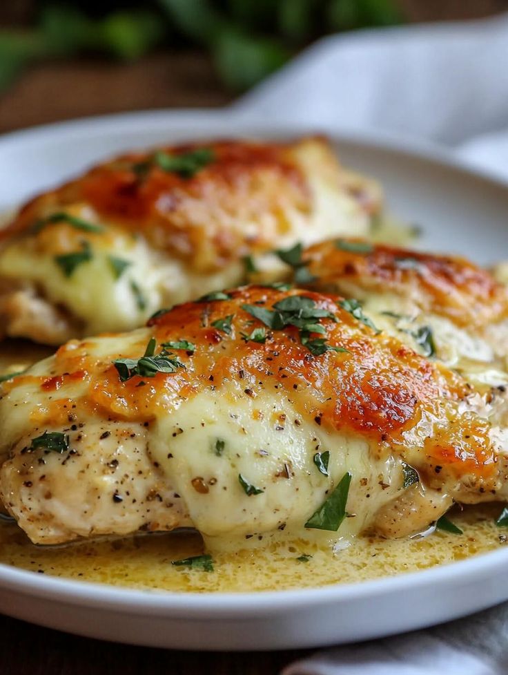 two pieces of chicken covered in cheese and herbs on a white plate with a napkin